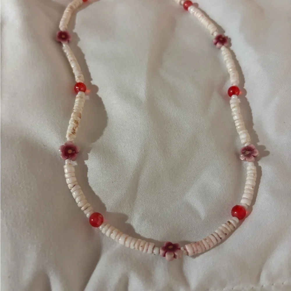 Elegant Beaded Necklace with white  Red and Pink Accents